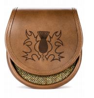 Norwood Brown Leather Collection: Thistle Etched, Large Flap Harris Tweed Sporran
