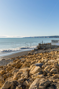 Limestone rock erosion protection on the beach at Haumoana / Te Awanga, Hastings&hellip;