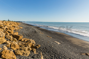 Limestone rock erosion protection on the beach at Haumoana / Te Awanga, Hastings&hellip;