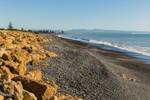 Limestone rock erosion protection on the beach at Haumoana / Te Awanga, Hastings&hellip;
