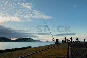Products: Local fishermen fishing at Tolaga Bay Wharf, Tolaga Bay, Eastland, Gisborne, New Zealand - SCP Stock