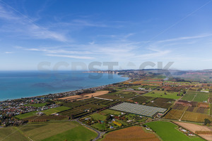 Products: Aerial view looking towards Haumoana, Te Awanga, Clifton & Cape Kidnappers from Haumoana, Hastings, Hawke's Bay, New Zealand - SCP Stock