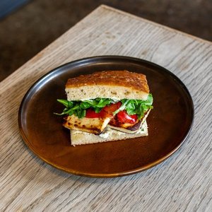 Halloumi, Pepper, Carrot, Lettuce, Hummus & Basil Mayo on Schiacciata