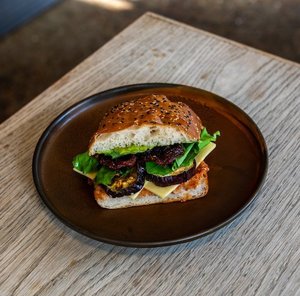 Products: Eggplant, Provolone, Avocado, Sundried Tomato, Lettuce, Tomato Jam on Ciabatta