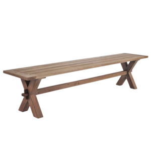 Outdoor Benches: Rustic X-Leg Reclaimed Teak Backless Bench