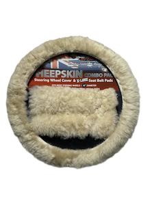 Sheepskin Steering Wheel Cover & 2x Seat Belt Pads Combo Luxury Ivory
