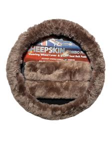 Sheepskin Steering Wheel Cover & 2x Seat Belt Pads Combo Luxury Caramel
