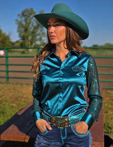 Cowgirl Tuff Emerald Satin with Sequins Pullover Shirt