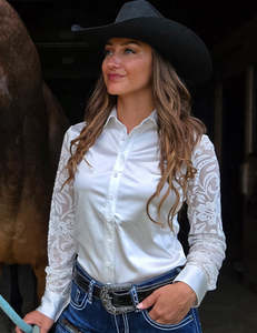 Cowgirl Tuff: Cowgirl Tuff Cream Lace Sleeves Pullover Shirt