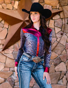Womens Shirts: Cowgirl Tuff Red Shimmer & Leopard Pullover Shirt