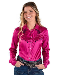 Womens Shirts: Cowgirl Tuff Pink Satin Shirt
