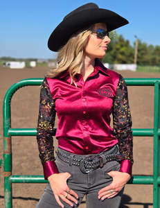 Cowgirl Tuff Ruby Red Satin with sheer sleeves Pullover Shirt