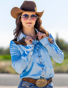 Cowgirl Tuff Sky Blue & Brown Satin Pullover Shirt