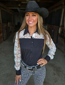 Cowgirl Tuff Black Breathe with Cream Lace Pullover Shirt