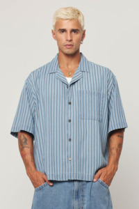 Mens Shirts: Bobby Camp Stripe Shirt - Denim Blue