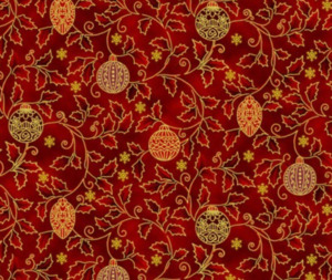 Stof Christmas Holly and Ornaments - Burgandy/Gold 0.1m