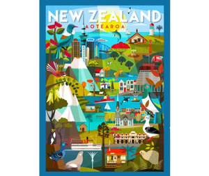 Fabric: Kiwiana NZ Tour Blue Multi Panel 75cm Wide - 0.1m