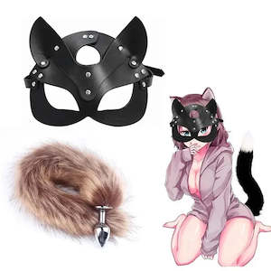 Cosplay Fox Mask Tail Anal Plug Metal Anus Butt Plug Half Cat Mask BDSM