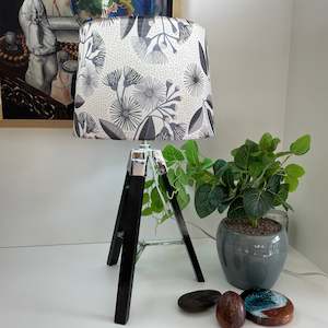 Stands: Black gloss tripod table lamp - eucalyptus blossom fabric light shade