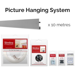 Products: 10m Silver Track, 10 CT Droppers, 10 Hooks - Picture Hanging System - Shakespeare Solutions NZ