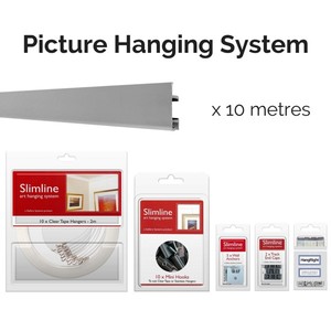 Products: 10m Silver Track, 10 CT Droppers, 10 Hooks - Picture Hanging System - Shakespeare Solutions NZ