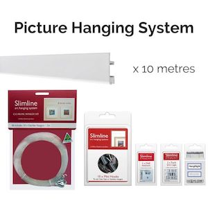 Products: 10m White Track, 10 CL Droppers, 10 Hooks - Picture Hanging System - Shakespeare Solutions NZ