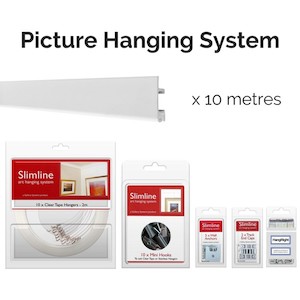 Products: 10m White Track, 10 CT Droppers, 10 Hooks - Picture Hanging System - Shakespeare Solutions NZ