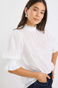 by Rosa Verse Ivory Sheer High Neck Short Sleeve Top