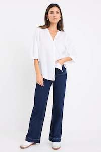 by Rosa Deity White Linen Button Through Puff Sleeve Blouse