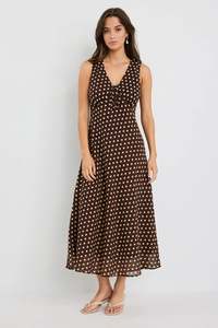 Among The Brave Infinity Chocolate Polka Dot Sleeveless Bias Midi Dress