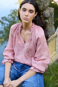 Womens Tops 1: Among The Brave Odyssey Blush Shirred Neck Button Long Sleeve Top