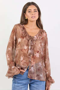 Womens Tops 1: Among The Brave Bohemian Ochre Floral Black Trim Sheer Frill Front Blouse