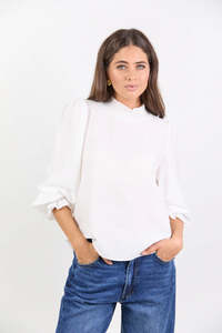 Among The Brave Embrace Ivory Self Stripe Shirred Neck LS Top