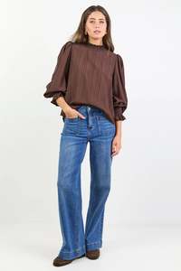 Among The Brave Embrace Self Stipe Shirred Neck LS Top Chocolate
