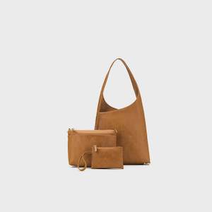 Faux Leather Bags: Sara 3 Pce Handbag Set - Tan