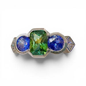 Green Tourmaline, Blue Sapphire & Diamond Ring