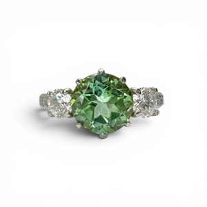 Green Tourmaline and Diamond Three Stone Ring