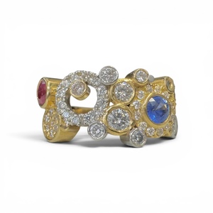 Modern Ruby, Sapphire and Diamond Cluster Ring