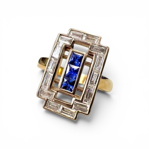 Blue Sapphire and Diamond Art Deco Ring