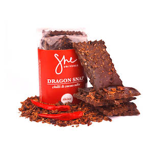 Handcrafted Chocolate: Dragon Snap ❤︎ chilli & cacao nibs 90g