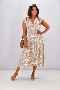 New U Collection: New U Collection Carmen V Neck Dress Beige Print