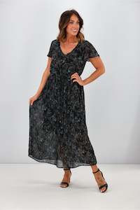 Gloss by Shine On Nyla Pleated Dress Black Fauna Print