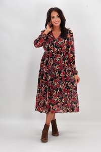 Gloss The Label Chadrick V Neck Tier Dress Black and Cranberry