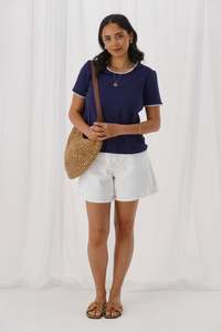 Shine On Label Romina Blanket Stitch Tee Navy w White Stitch