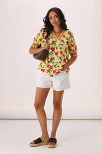 Gloss The Label Stacy Bouquet Shirred Top Yellow Floral