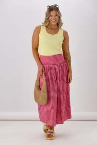 Shine On Brands: Shine On Label Addison Shirred Bask Skirt Red Pink Gingham