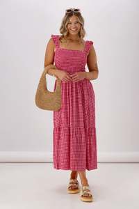 Shine On Label Addison Shirred Strap Maxi Dress Pink Red Gingham