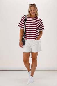 Shine On Essentials Relaxed Stripe Tee White and Wine Stripe
