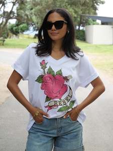 Rebel Club Vintage Rose Cuff V Tee White