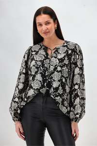 Sunday Boho Audrey Peasant Sleeve Blouse Print Black